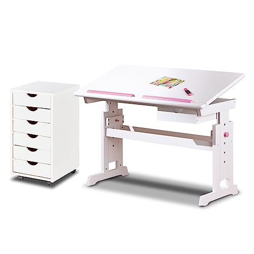 KHG Schreibtisch-Set weiß mit Rollcontainer Kiefer Echtholz 6-Fach höhenverstellbar mit neigbarer Tischplatte 109 x 96 x 55 cm von KHG