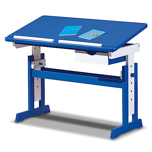 KHG Schreibtisch blau weiß Kiefer Echtholz 6-Fach höhenverstellbar mit neigbarer Tischplatte 109 x 96 x 55 cm von KHG