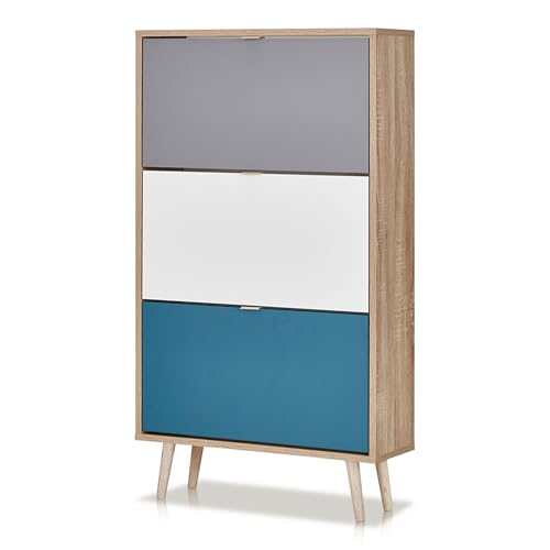 KHG Schuhschrank weiß-blau-grau Eiche (Nachbildung), modernes Schuhregal für 18 Paar Schuhe aus Holzwerkstoff foliert, viel Stauraum für Flur Diele, 79x127x24 cm von KHG