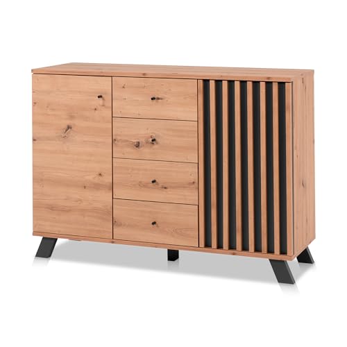 KHG Sideboard 2-türig inkl. 4 Schubladen Scandi, Kommode aus Holzwerkstoff Eiche foliert für Wohnzimmer und Esszimmer, 120 x 85 x 40 cm (B/H/T) von KHG