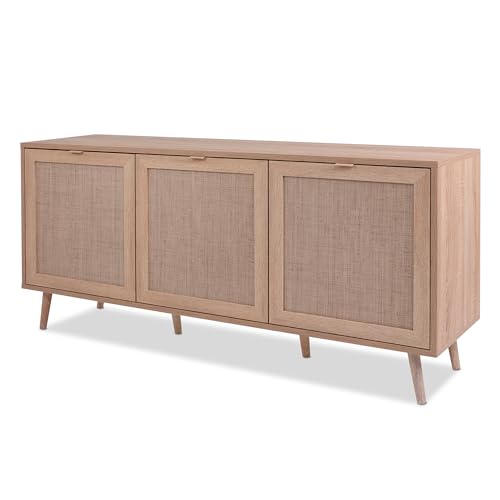 KHG Sideboard hell-braun mit 3 Türen modern Eiche-Optik, Kommode aus Holzwerkstoff Rattan-Optik, Gestell aus Massivholz - 150 x 71 x 40 cm (B/H/T) von KHG