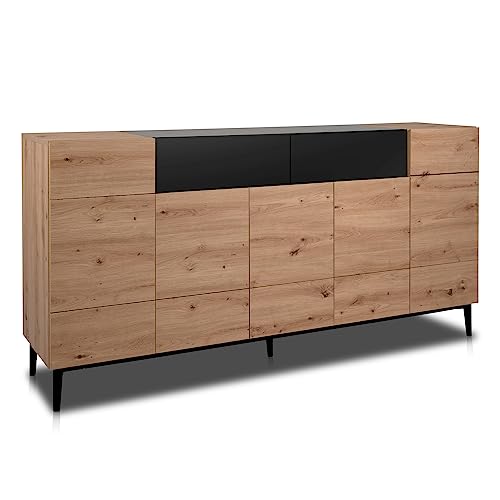 KHG Sideboard mit 2 Schubladen 12 Fächern & 5 Drehtüren modern, aus Holzwerkstoff Holzoptik lackiert, Gestell & Akzente in schwarz - 180 x 90 x 42 cm (B/H/T) von KHG