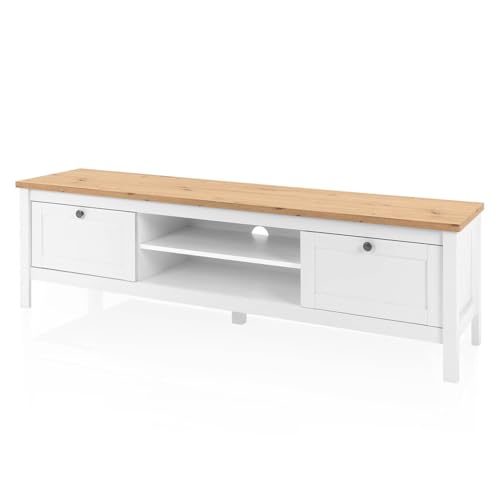 KHG TV-Bank 2 Schubladen Landhaus TV-Lowboard mit 2 offenen Fächern aus Holzwerkstoff weiß foliert, Deckplatte Holzoptik Asteiche foliert, Silberne Metall-Griffe, 160 x 45 x 40 cm (B/H/T) von KHG