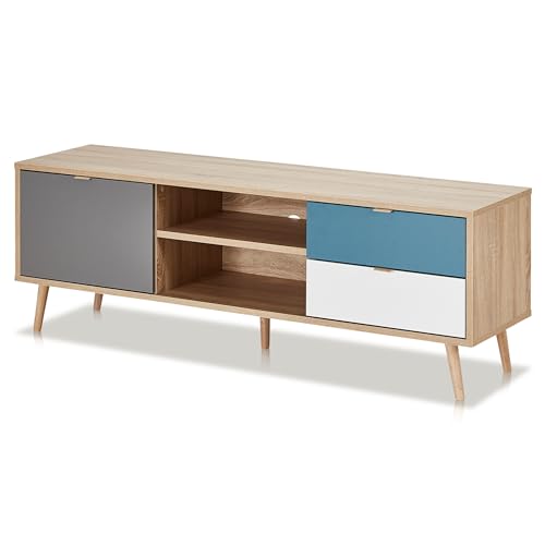 KHG TV-Lowboard weiß-blau-grau Eiche (Nachbildung), Moderne TV-Bank aus Holzwerkstoff foliert, viel Stauraum für HiFi- & Wohnbereich, 150x52x40 cm von KHG
