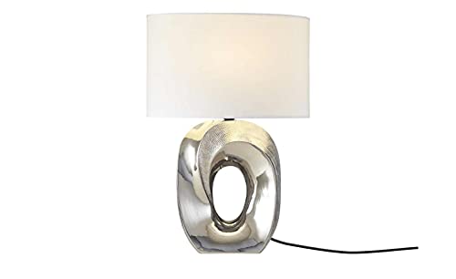 KHG Tischlampe weiß-chrom | Fassung: E27 | 21,0cm x 53,5cm Tischleuchte Stoffschirm oval Glamour Tischleuchte | Lampenschirm aus Stoff - Gestell aus Keramik von KHG