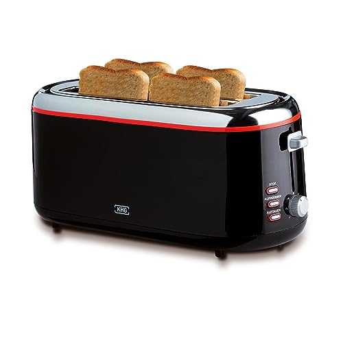 KHG Toaster TO-1301LSS | Langschlitztoaster 4 Scheiben Schwarz glänzend 1300 W | mit Brötchenaufsatz, 7 Röstgradstufen mit Bräunungsgradkontrolle, Krümelfach, Auftau- und Aufwärmfunktion von KHG