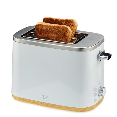 KHG Toaster TO-810 WWD | 2 Scheiben Toaster mit Brötchenaufsatz | 7 Bräunungsstufen mit Bräunungskontrolle, Krümelfach | 800 Watt Leistung | Außengehäuse - Weiß mit Holzapplikation von KHG