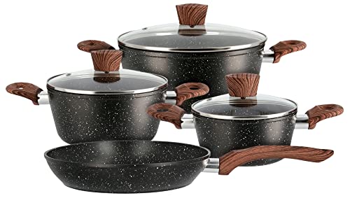 KHG Topfset 4-teilig aus geschmiedetem Aluminium in Marmoroptik mit ergonomischen Griffen in Holzoptik | 3 Glasdeckel | Kochgeschirr Topf- und Pfannenset induktionsgeeignet | Antihaftbeschichtung von KHG