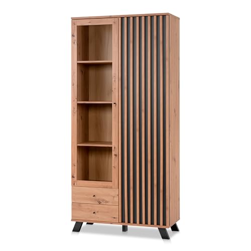 KHG Vitrine 2-türig inkl. Glastür & Schublade Scandi, Glasschrank aus Holzwerkstoff Eiche foliert für Wohnzimmer und Esszimmer, 92 x 199 x40 cm (B/H/T) von KHG