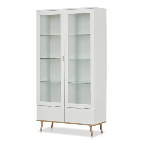 KHG Vitrine 2-türig mit Einlegeboden Scandi, Glas-Schrank aus Holzwerkstoff weiß foliert für Wohnzimmer und Esszimmer, 100 x 185 x 40 cm (B/H/T) von KHG