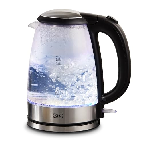 KHG WK-1715GES Wasserkocher Glas. LED, 1,7 Liter, Kalkfilter, Trockengehschutz & Abschaltautomatik, verdecktes Heizelement, BPA-frei, 2200 Watt von KHG