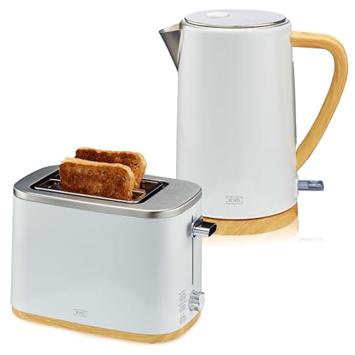 KHG Wasserkocher und Toaster Set 2-teilig | 2.200 & 800 Watt | Frühstücksset mit Kapazität 1,7 Liter Volumen & 2 Scheiben Toast | Küchenset mit Kalkfilter & Krümelfach - Weiß mit Holzoptik von KHG