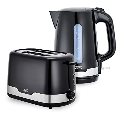 KHG Wasserkocher und Toaster Set 2-teilig | 2.200 & 850 Watt | Frühstücksset mit Kapazität 1,7 Liter & 2 Scheiben Toast | Küchenset mit Kalkfilter & Krümelfach - Klassisch Schwarz von KHG