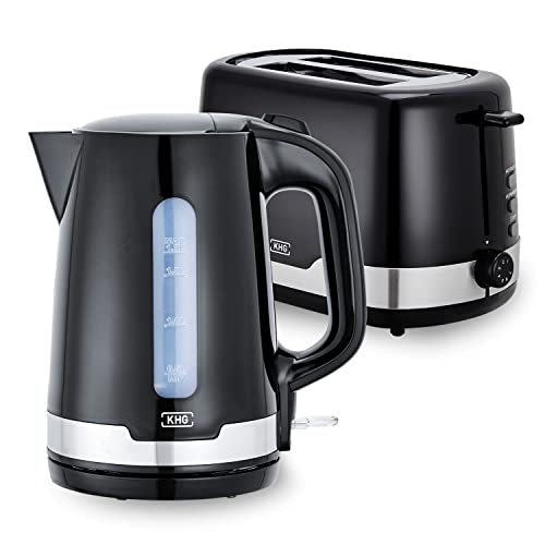 KHG Wasserkocher und Toaster Set 2-teilig | 2.200 & 850 Watt | Frühstücksset mit Kapazität 1,7 Liter & 2 Scheiben Toast | Küchenset mit Kalkfilter & Krümmelauffang - SCHWARZ von KHG