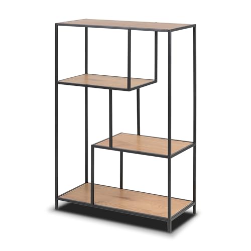 KHG asymmetrisches Regal, modernes Wandregal im Industrial Style, Standregal mit Metallgestell, Größe:77 x 114 x 35 cm, Holzwerkstoff foliert in Wildeiche, Korpus aus Metall pulverbeschichtet von KHG
