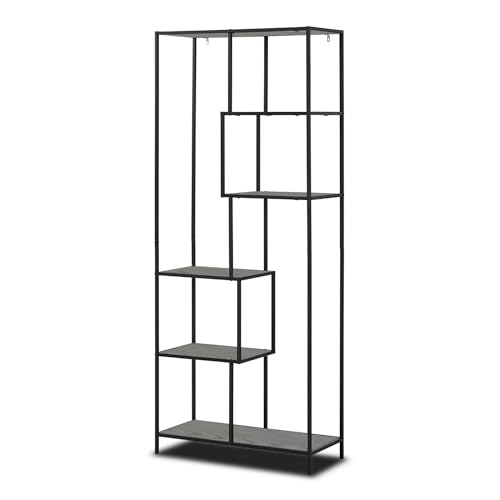 KHG asymmetrisches Regal, modernes Wandregal im Industrial Style, Standregal mit Metallgestell, Größe:77 x 185 x 35 cm, Holzwerkstoff foliert in Esche in schwarz von KHG