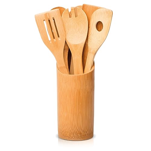 KHG Küchenhelferset 7-teilig 6 Kochutensilien inkl. Behälter aus Bambus, universelles Kochbesteck-Set Spatel Kochlöffel Pfannenwender aus Holz, Öse zum Aufhängen, 30cm natur von KHG