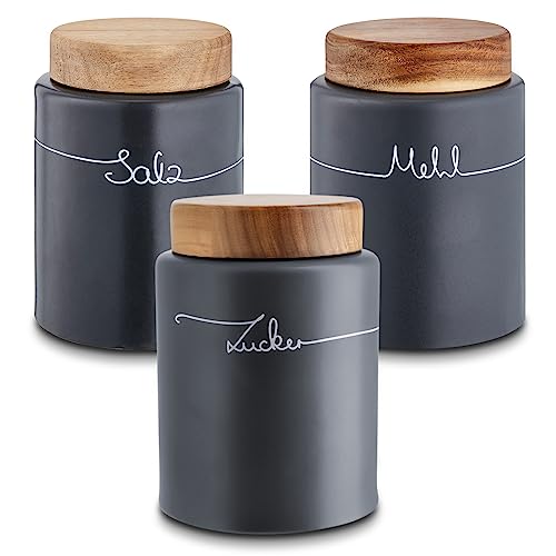 KHG Mehl Zucker Salz Aufbewahrung, Vorratsdosen Set 3-teilig, Keramik Steingut, Anthrazit Grau, Holz Deckel Bambus, Mehltopf Zuckertopf Salztopf, Verschluss luftdicht, BPA-frei KHG Mehl Zucker Salz Aufbewahrung, Vorratsdosen Set 3-teilig, Keramik Steingut, Anthrazit Grau, Holz Deckel Bambus, Mehltopf Zuckertopf Salztopf, Verschluss luftdicht, BPA-frei von KHG