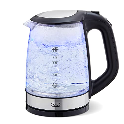 KHG Wasserkocher WK-1706 GES Glas, 2 Liter, LED Beleuchtung, Kalkfilter, Wasserstandsanzeige, Öffnen per Knopfdruck, Trockengehschutz & Abschaltautomatik, verdecktes Heizelement, BPA-frei, 2200 Watt von KHG