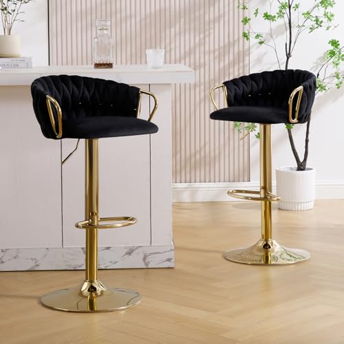 KHISCHMO Moderne Samt Barhocker 2er Set höhenverstellbar Barstühle 360°drehbar Thekenhocker Küchenhocker mit geflochtener Rückenlehne Goldene Fußstütze für Küche, Schwarz von KHISCHMO