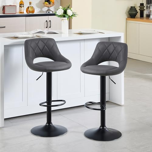 KHISCHMO Barhocker 2er Set Barstuhl Höhenverstellbar mit Ausgeschnittenen Rückenlehnen 360° Drehbar Polsterhocker mit Kunstleder Fußstütze aus Metall für Esszimmer Heimbar Kücheninsel, Grau von KHISCHMO