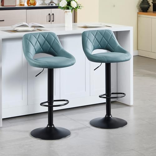 KHISCHMO Barhocker 2er Set Barstuhl Höhenverstellbar mit Ausgeschnittenen Rückenlehnen 360° Drehbar Polsterhocker mit Kunstleder Fußstütze aus Metall für Esszimmer Heimbar Kücheninsel,Blau von KHISCHMO