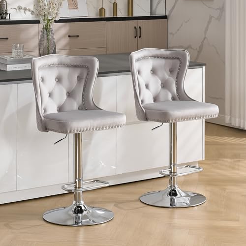KHISCHMO Barhocker 2er Set Samt Moderne Küchenhocker höhenverstellbare Tresenhocker mit Löwenring-Zuggriff Gepolsterte Barstühle 360° drehbar für Küche Theke, Hellgrau KHISCHMO Barhocker 2er Set Samt Moderne Küchenhocker höhenverstellbare Tresenhocker mit Löwenring-Zuggriff Gepolsterte Barstühle 360° drehbar für Küche Theke, Hellgrau von KHISCHMO