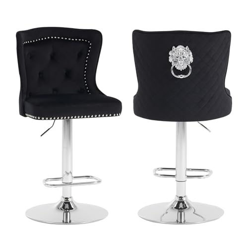 KHISCHMO Barhocker 2er Set Samt Moderne Küchenhocker höhenverstellbare Tresenhocker mit Löwenring-Zuggriff Gepolsterte Barstühle 360° drehbar für Küche Theke, Schwaz von KHISCHMO