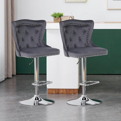 KHISCHMO Barhocker 2er Set Samt Moderne Küchenhocker höhenverstellbare Tresenhocker mit Löwenring-Zuggriff Gepolsterte Barstühle 360° drehbar für Küche Theke, Grau KHISCHMO Barhocker 2er Set Samt Moderne Küchenhocker höhenverstellbare Tresenhocker mit Löwenring-Zuggriff Gepolsterte Barstühle 360° drehbar für Küche Theke, Grau von KHISCHMO