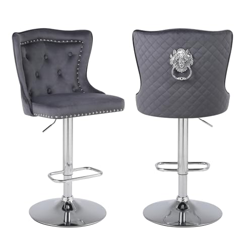 KHISCHMO Barhocker 2er Set Samt Moderne Küchenhocker höhenverstellbare Tresenhocker mit Löwenring-Zuggriff Gepolsterte Barstühle 360° drehbar für Küche Theke, Grau von KHISCHMO