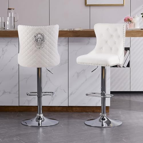 KHISCHMO Samt Barhocker 2er Set Samt Moderne Tresenhocker Höhenverstellbar mit Lehne Küchenhocker mit Löwenring-Zuggriff Drehbar für Küche Theke, Weiß von KHISCHMO