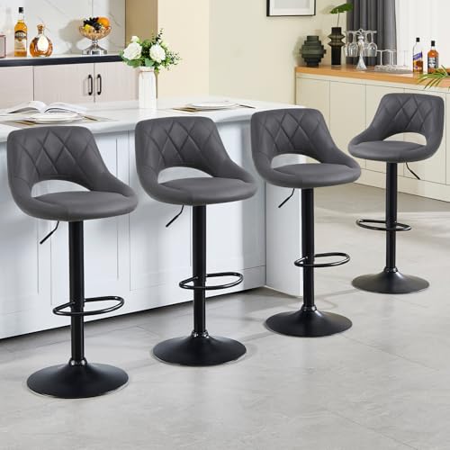 KHISCHMO Barhocker 4er Set Barstuhl Höhenverstellbar mit Ausgeschnittenen Rückenlehnen 360° Drehbar Polsterhocker mit Kunstleder Fußstütze aus Metall für Esszimmer Heimbar Kücheninsel, Grau von KHISCHMO