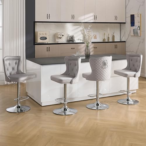 KHISCHMO Barhocker 4er Set Samt Moderne Küchenhocker höhenverstellbare Tresenhocker mit Löwenring-Zuggriff Gepolsterte Barstühle 360° drehbar für Küche Theke, Hellgrau von KHISCHMO
