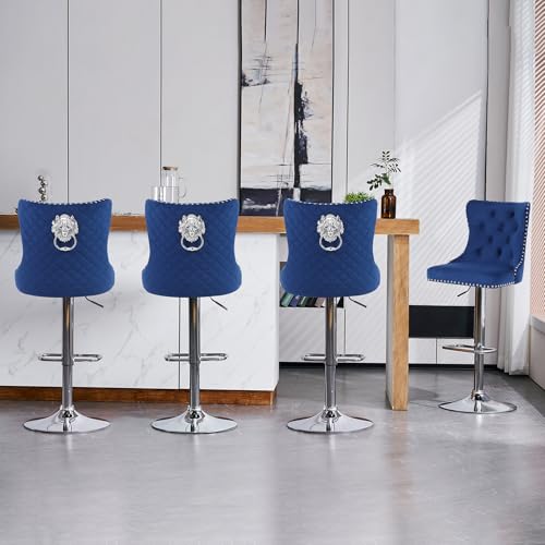 KHISCHMO Samt Barhocker 4er Set Samt Moderne Tresenhocker Höhenverstellbar mit Lehne Küchenhocker mit Löwenring-Zuggriff Drehbar für Küche Theke, Blau von KHISCHMO