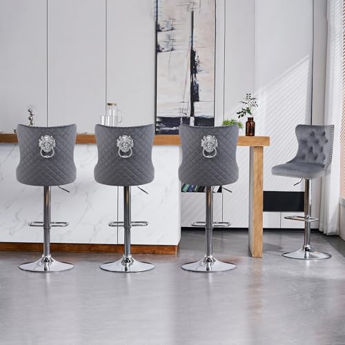 KHISCHMO Samt Barhocker 4er Set Samt Moderne Tresenhocker Höhenverstellbar mit Lehne Küchenhocker mit Löwenring-Zuggriff Drehbar für Küche Theke, Grau von KHISCHMO