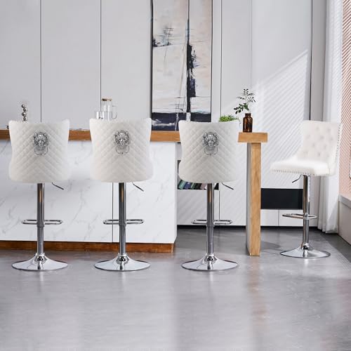 KHISCHMO Samt Barhocker 4er Set Samt Moderne Tresenhocker Höhenverstellbar mit Lehne Küchenhocker mit Löwenring-Zuggriff Drehbar für Küche Theke, Weiß von KHISCHMO