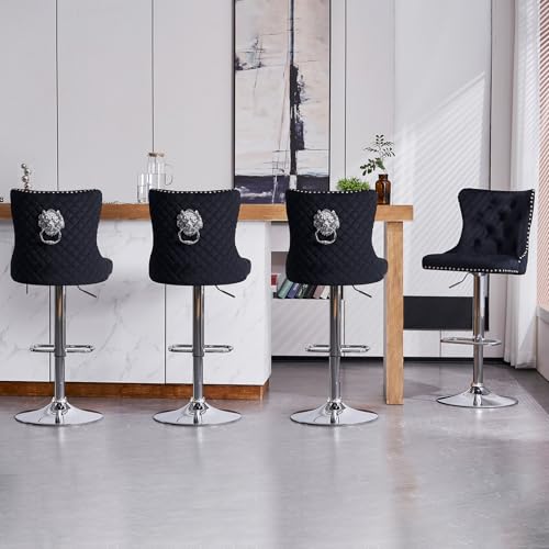 KHISCHMO Samt Barhocker 4er Set Samt Moderne Tresenhocker Höhenverstellbar mit Lehne Küchenhocker mit Löwenring-Zuggriff Drehbar für Küche Theke, Schwaz von KHISCHMO