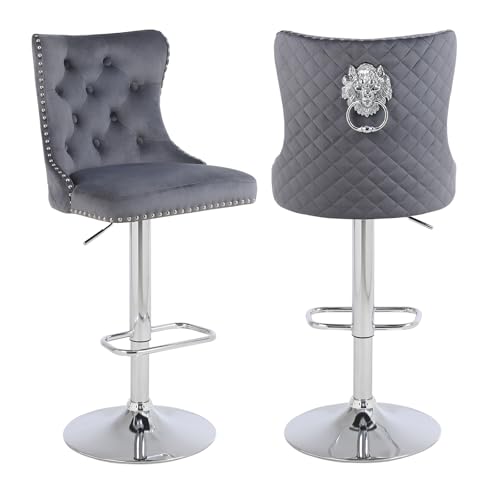 KHISCHMO Samt Barhocker 2er Set Samt Moderne Tresenhocker Höhenverstellbar mit Lehne Küchenhocker mit Löwenring-Zuggriff Drehbar für Küche Theke, Grau KHISCHMO Samt Barhocker 2er Set Samt Moderne Tresenhocker Höhenverstellbar mit Lehne Küchenhocker mit Löwenring-Zuggriff Drehbar für Küche Theke, Grau von KHISCHMO