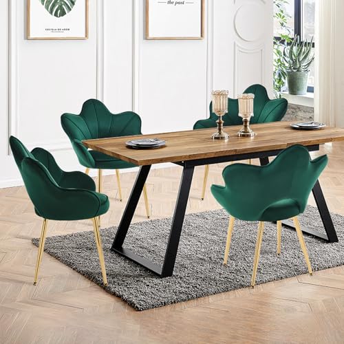 KHISCHMO Esszimmerstühle mit Armlehnen 4er-Set Samt Schminktisch Stuhl mit Blütenblatt-Rückenlehne Moderner Muschel Loungesessel mit verstellbaren Goldbeinen für Wohnzimmer & Schlafzimmer, Grün von KHISCHMO