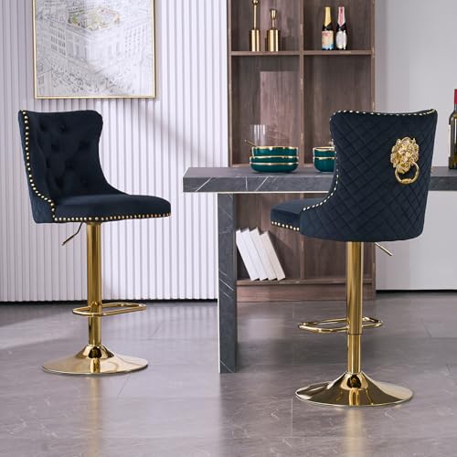 KHISCHMO Samt Barhocker 2er Set Samt Moderne Tresenhocker Höhenverstellbar mit Lehne Küchenhocker mit Löwenring-Zuggriff Drehbar für Küche Theke, Golden Schwaz KHISCHMO Samt Barhocker 2er Set Samt Moderne Tresenhocker Höhenverstellbar mit Lehne Küchenhocker mit Löwenring-Zuggriff Drehbar für Küche Theke, Golden Schwaz von KHISCHMO