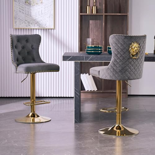 KHISCHMO Samt Barhocker 2er Set Samt Moderne Tresenhocker Höhenverstellbar mit Lehne Küchenhocker mit Löwenring-Zuggriff Drehbar für Küche Theke, Golden Grau KHISCHMO Samt Barhocker 2er Set Samt Moderne Tresenhocker Höhenverstellbar mit Lehne Küchenhocker mit Löwenring-Zuggriff Drehbar für Küche Theke, Golden Grau von KHISCHMO