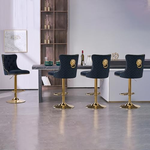 KHISCHMO Samt Barhocker 4er Set Samt Moderne Tresenhocker Höhenverstellbar mit Lehne Küchenhocker mit Löwenring-Zuggriff Drehbar für Küche Theke, Golden Schwaz von KHISCHMO