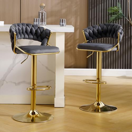 KHISCHMO Moderne Barhocker aus Samt 2er Set höhenverstellbar Barstühle 360°drehbar Thekenhocker Küchenhocker mit geflochtener Rückenlehne Goldene Fußstütze für Küche, Gray KHISCHMO Moderne Barhocker aus Samt 2er Set höhenverstellbar Barstühle 360°drehbar Thekenhocker Küchenhocker mit geflochtener Rückenlehne Goldene Fußstütze für Küche, Gray von KHISCHMO