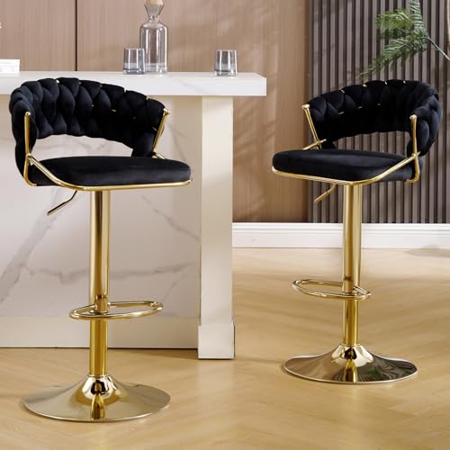 KHISCHMO Moderne Barhocker aus Samt 2er Set höhenverstellbar Barstühle 360°drehbar Thekenhocker Küchenhocker mit geflochtener Rückenlehne Goldene Fußstütze für Küche, Schwarz KHISCHMO Moderne Barhocker aus Samt 2er Set höhenverstellbar Barstühle 360°drehbar Thekenhocker Küchenhocker mit geflochtener Rückenlehne Goldene Fußstütze für Küche, Schwarz von KHISCHMO