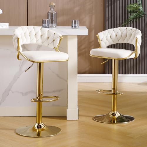 KHISCHMO Moderne Barhocker aus Samt 2er Set höhenverstellbar Barstühle 360°drehbar Thekenhocker Küchenhocker mit geflochtener Rückenlehne Goldene Fußstütze für Küche, Weiß KHISCHMO Moderne Barhocker aus Samt 2er Set höhenverstellbar Barstühle 360°drehbar Thekenhocker Küchenhocker mit geflochtener Rückenlehne Goldene Fußstütze für Küche, Weiß von KHISCHMO