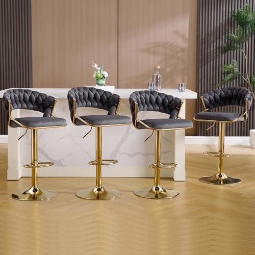 KHISCHMO Moderne Barhocker aus Samt 4er Set höhenverstellbar Barstühle 360°drehbar Thekenhocker Küchenhocker mit geflochtener Rückenlehne Goldene Fußstütze für Küche, Gray KHISCHMO Moderne Barhocker aus Samt 4er Set höhenverstellbar Barstühle 360°drehbar Thekenhocker Küchenhocker mit geflochtener Rückenlehne Goldene Fußstütze für Küche, Gray von KHISCHMO