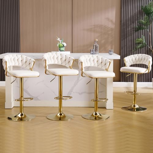 KHISCHMO Moderne Barhocker aus Samt 4er Set höhenverstellbar Barstühle 360°drehbar Thekenhocker Küchenhocker mit geflochtener Rückenlehne Goldene Fußstütze für Küche, Weiß von KHISCHMO