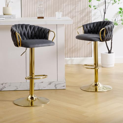 KHISCHMO Moderne Samt Barhocker 2er Set höhenverstellbar Barstühle 360°drehbar Thekenhocker Küchenhocker mit geflochtener Rückenlehne Goldene Fußstütze für Küche, Gray KHISCHMO Moderne Samt Barhocker 2er Set höhenverstellbar Barstühle 360°drehbar Thekenhocker Küchenhocker mit geflochtener Rückenlehne Goldene Fußstütze für Küche, Gray von KHISCHMO