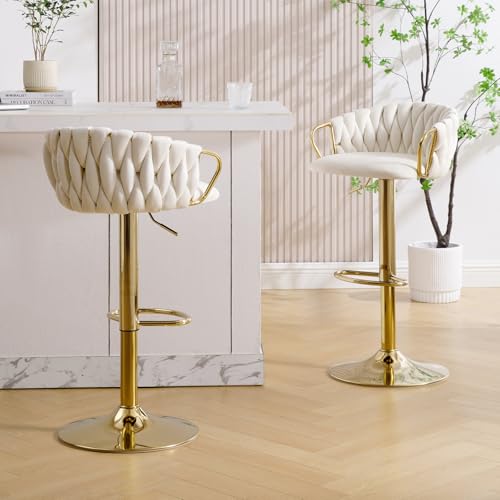 KHISCHMO Moderne Samt Barhocker 2er Set höhenverstellbar Barstühle 360°drehbar Thekenhocker Küchenhocker mit geflochtener Rückenlehne Goldene Fußstütze für Küche, Weiß KHISCHMO Moderne Samt Barhocker 2er Set höhenverstellbar Barstühle 360°drehbar Thekenhocker Küchenhocker mit geflochtener Rückenlehne Goldene Fußstütze für Küche, Weiß von KHISCHMO