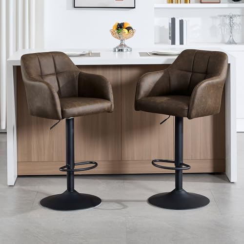 KHISCHMO Moderner Leder Barhocker 2er Set höhenverstellbar Barstuhl Gepolsterte Küchenhocker mit Armlehnen Metallgestell Esshocker Fußstütze Stilvolle Thekenhocker für Kücheninsel Esszimmer, Braun KHISCHMO Moderner Leder Barhocker 2er Set höhenverstellbar Barstuhl Gepolsterte Küchenhocker mit Armlehnen Metallgestell Esshocker Fußstütze Stilvolle Thekenhocker für Kücheninsel Esszimmer, Braun von KHISCHMO